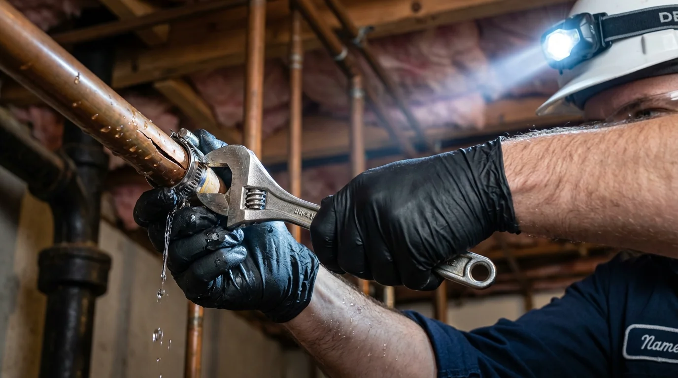 Emergency pipe clamp repair being performed by a Johns Plumbing LLC plumber in Bagley