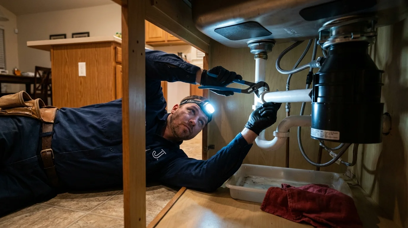 P-trap and supply line connections under a kitchen sink showing a common leak point in Bagley, MN